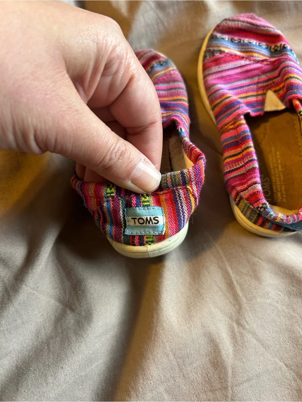 TOMS Pink Multi-Striped Canvas Slip-On Velcro Shoes Size T 7